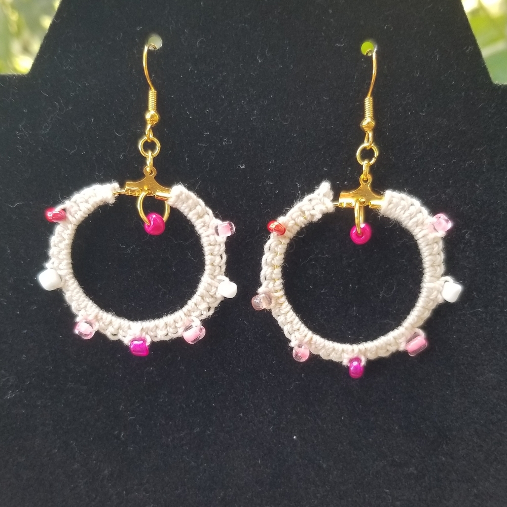 Elegant Crochet Hoop Earrings with Pink and Gold Accents